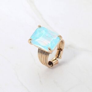 Opal Blue Emerald Cut Crystal Adjustable Ring Fashion Statement Jewelry